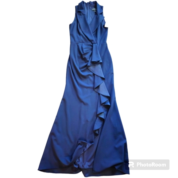 BETSY & ADAM Ruffled Tuxedo Navy Maxi Dress Sleevless Side Slit NWT sz 8 - Picture 5 of 14